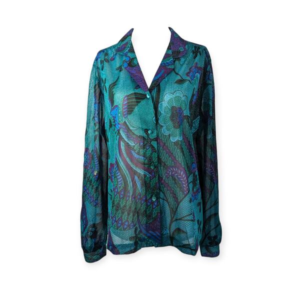 70's 80's Teal Bird & Flowers Chiffon Bohemian Button-Down Blouse - Picture 1 of 5
